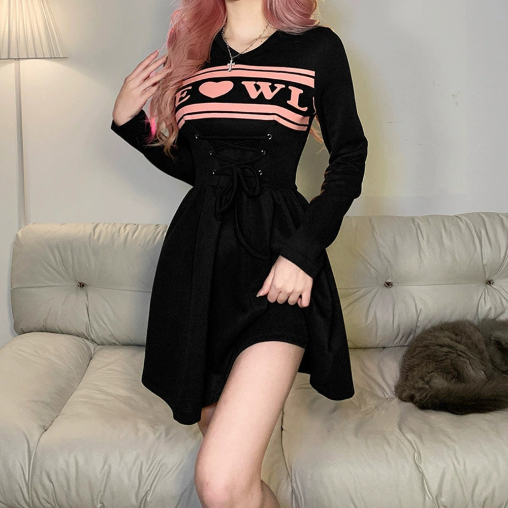 ZARA Wind Spring Letter Print Lace Up Waist Slim Ruffle Long Sleeve Dress